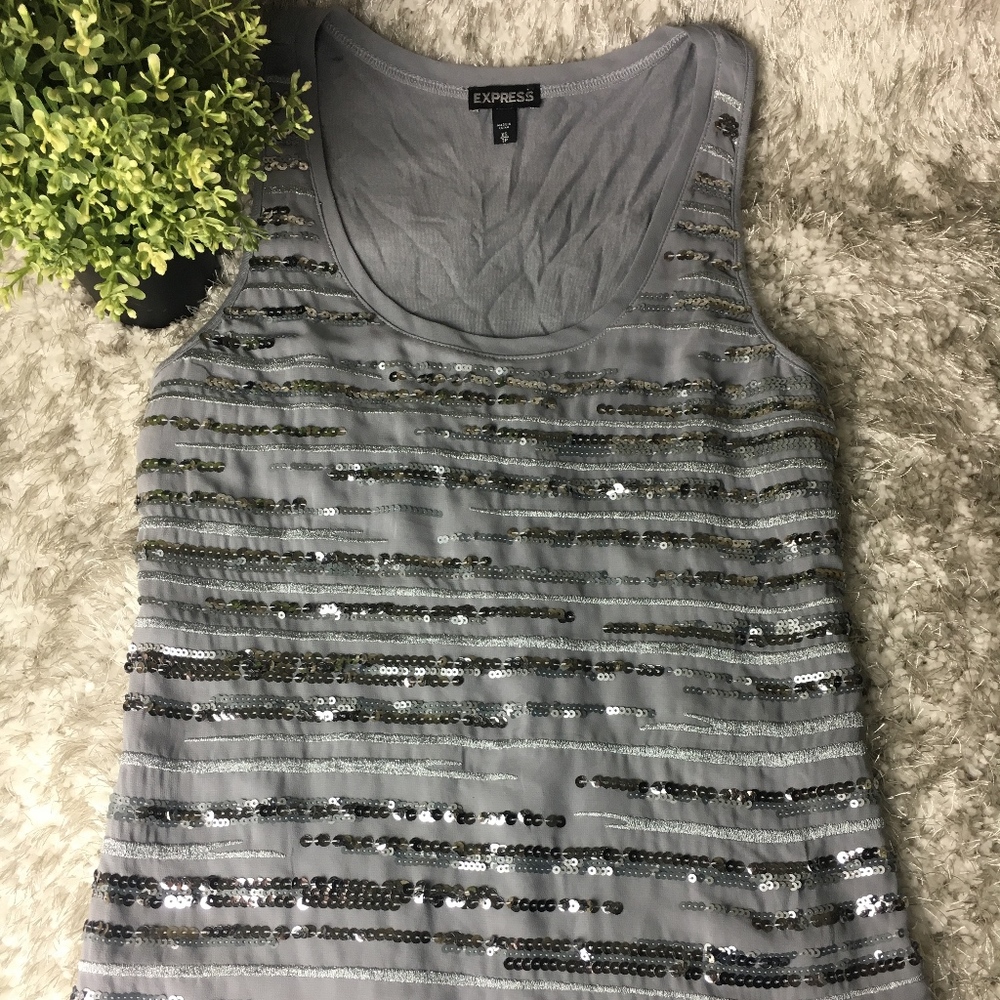 EXPRESS Tank Top Gray Sequin Stripe Sleeveless XS